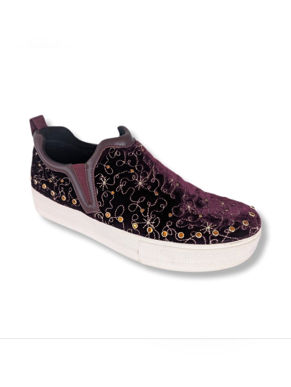 ASH Women's Burgundy Velvet Embroidered Platform Slip On Sneaker